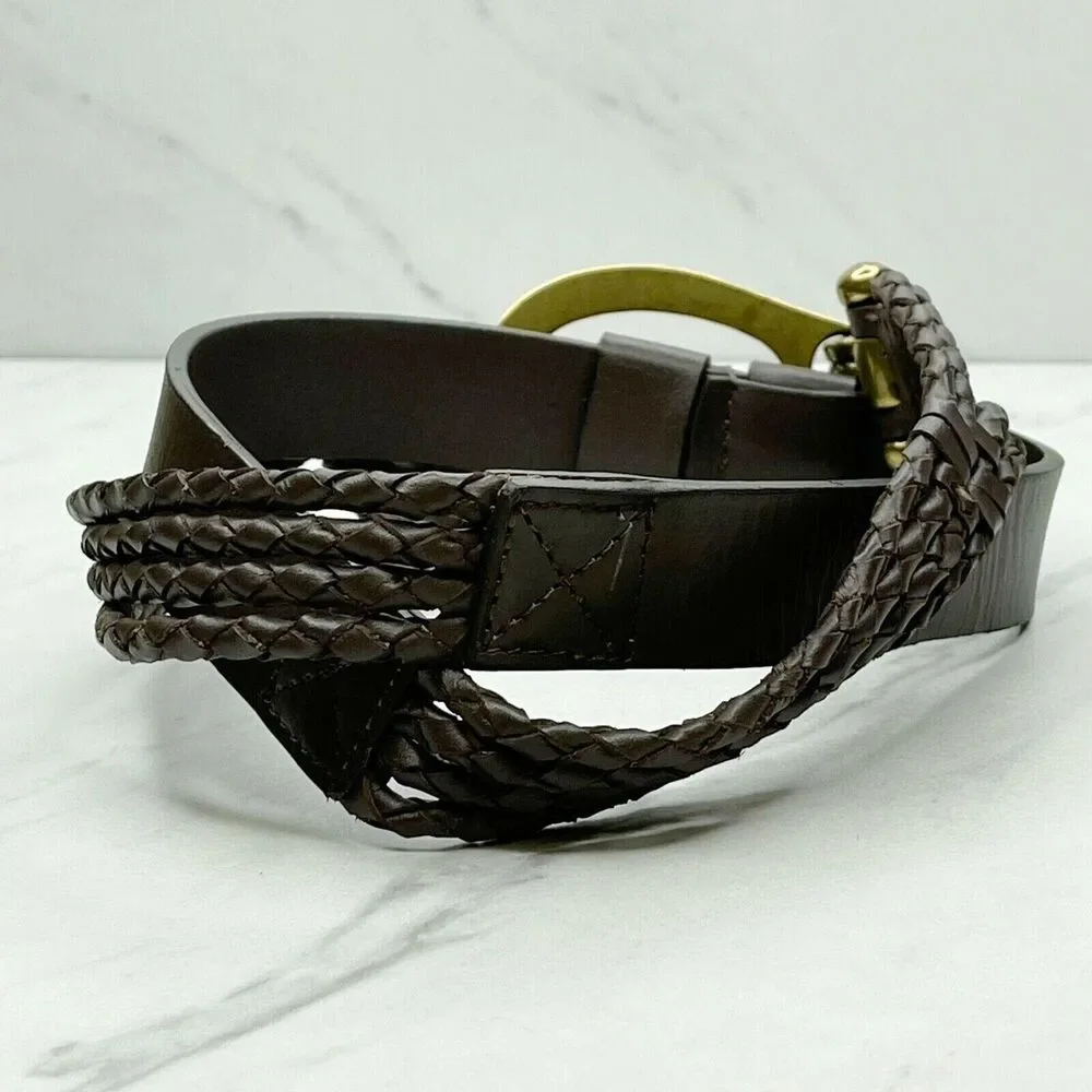 Brown Faux Leather Hook Buckle Belt Gold Tone Hardware Small (S) Womens ✨